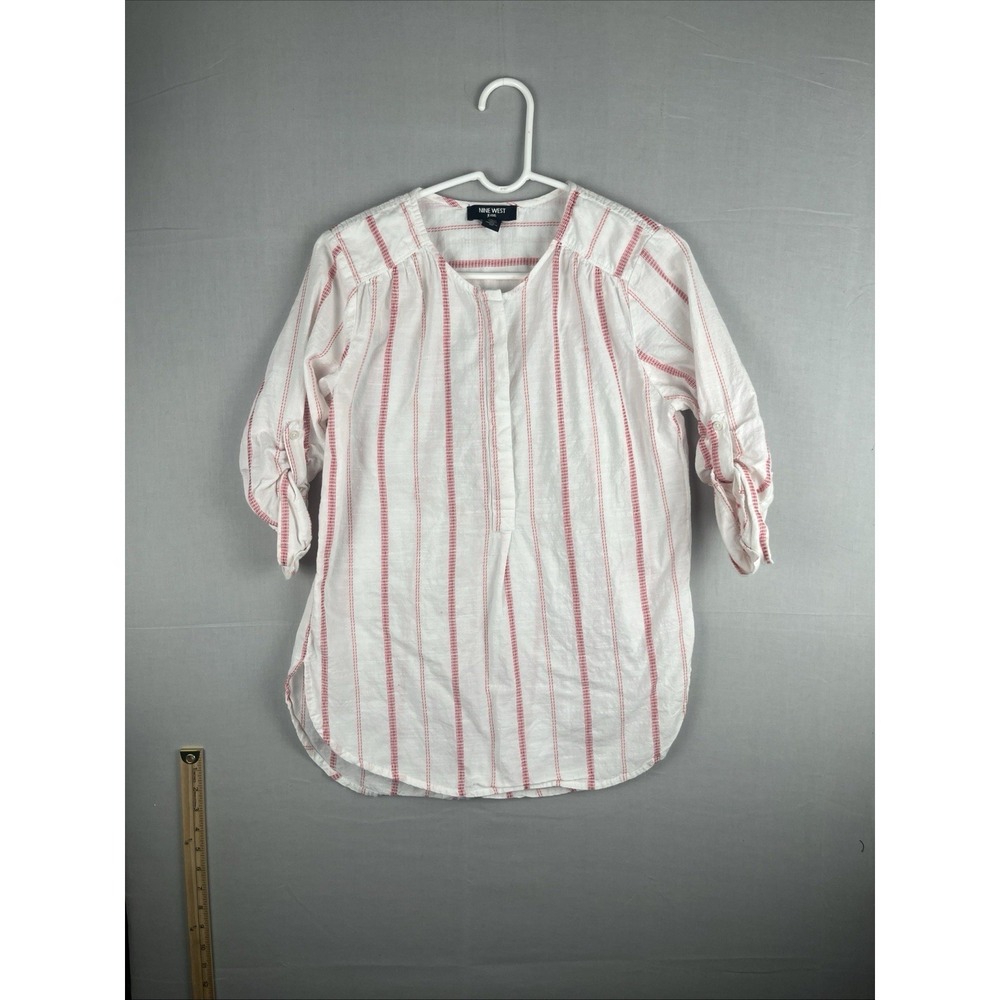 Nine West Jeans Striped Tunic Blouse Women's Medium Roll Tab Top